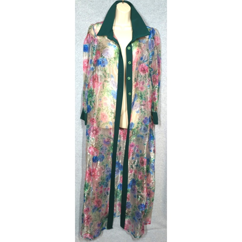 Vtg Sheer Organza Lg Robe Dress 14 Floral Head Turning Pool Side Party Hostess